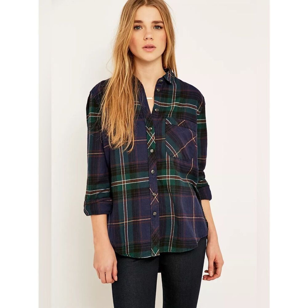 Urban Outfitters Plaid Button Down Shirt Navy Teal Maroon XS